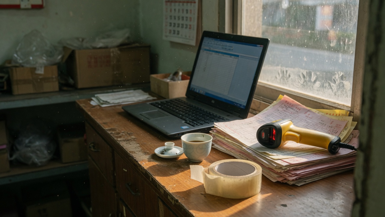 一间小微企业工作室的桌面：笔记本、扫码枪、单据和茶